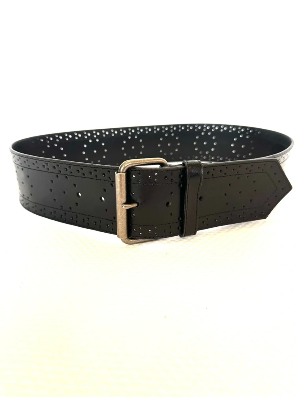 Wide Black Perforated Design Leather Belt‎ with Silver Buckle Boho Festival